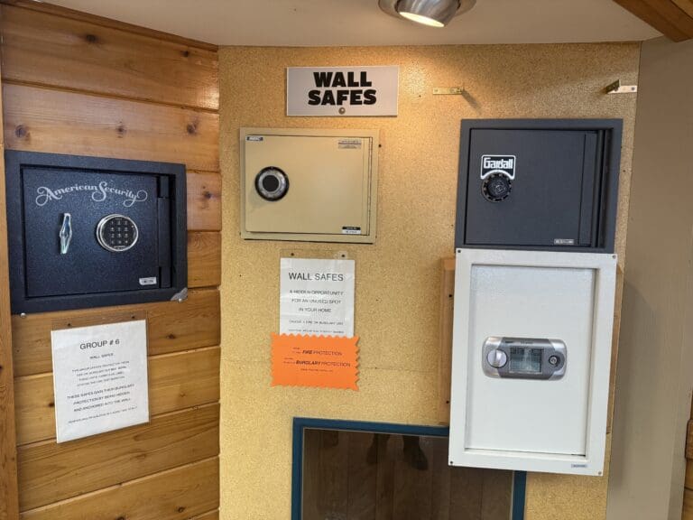 Four wall safes displayed on a wizard lock and safe store